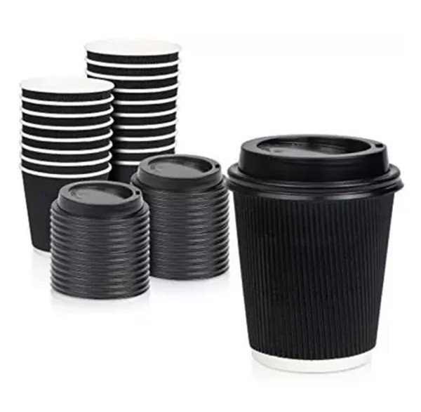 Biodis Pack of 50 Paper Ripple Paper Cup 250 ml with Black LID Pack of 50 Piece Black