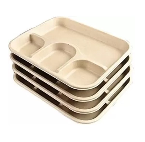 4 Compartment Sugarcane Bagasse Disposable Plates (Pack of 25), 12 x 10 Inches Dinner Plate